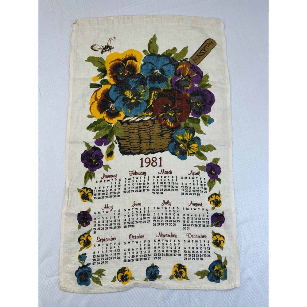 Vintage 1981 Calendar Tea Towel Pansies Violets Floral Linen Wall Hanging 16x26